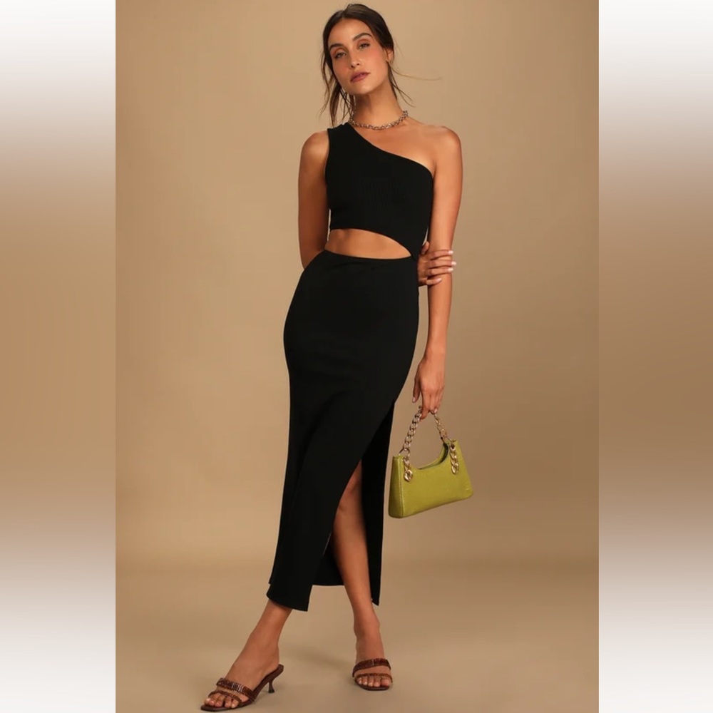 Spice Things Up Black Ribbed One-Shoulder Cutout Midi Dress Sz: XS - Picture 2 of 11
